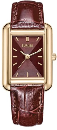 BURKER Damenuhr Olivia, Quadratische Damen Armbanduhr Lederarmband Edelstahl Analog Quarz 3-ATM Wasserdicht - 29 mm - Gold Burgunderrot Leder