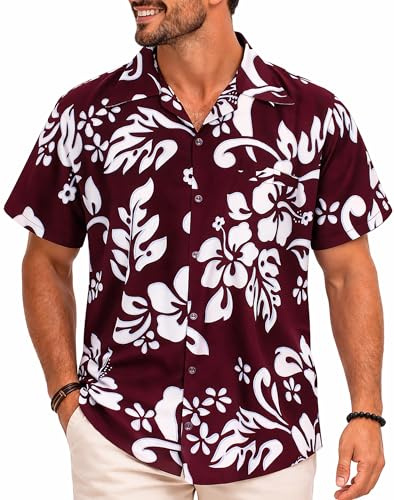 King Kameha Hawaiihemd Herren Kurzarm - Grünes Hawaii Hemd Männer Hibiskus - Hemd Herren Kurzarm Hawaii Outfit - Hawaiian Shirts for Men - Hibiskus, Maroon Red, XL