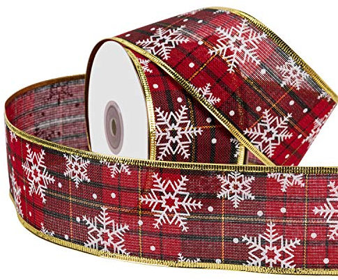 RUSPEPA Cinta Navideña Navideña Con Cable - Cinta Roja Y Verde De Arpillera A Cuadros Con Diseño De Copo De Nieve Blanco - 63 mm X 22 m Cada Rollo - Borde Dorado