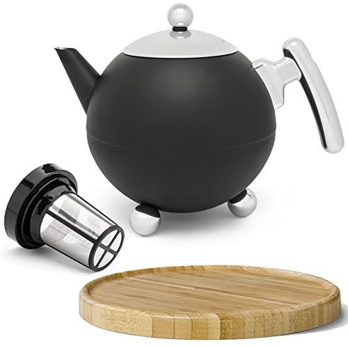 Bredemeijer Bella Ronde Edelstahl-Teekannen-Set 1,2L - Doppelwandige Edelstahlkanne mit Füßen, Kugelform, schwarz - Mit braunem Untersetzer & Tee-Filter Sieb-Aufsatz für losen & Blätter-Tee