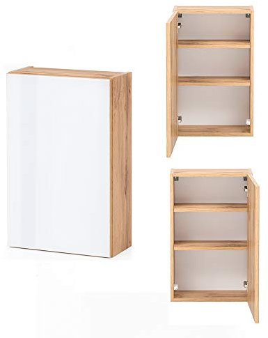 Lomadox Bad Hängeschrank in Wotaneiche Nb. mit Glasfront weiß, B/H/T: ca. 40/64/20 cm