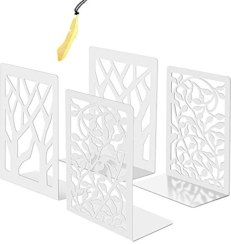Iycnkok Serre Cale Livres en Métal - Presse Bloque Livre Bookends Robustes Design de Feuille/Arbre pour Étagère, Bibliothèque, Bureau, Écoles, Librairie, Lot de 4 Blanc