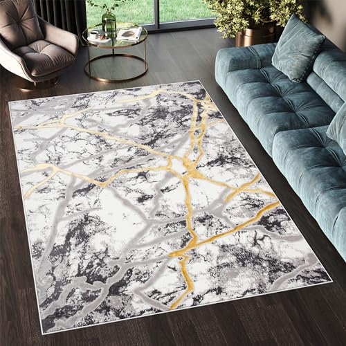 TAPISO Shine Teppich Kurzflor Creme Grau Hellgrau Gold Marmoreffekt Wohnzimmer Schlafzimmer 3D Optik Modern Design ÖKOTEX 200 x 300 cm