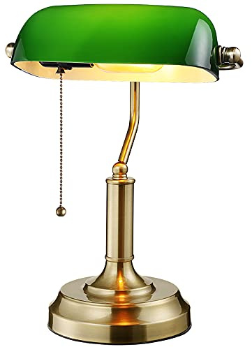 TORCHSTAR Green Glass Bankers Desk Lamp, Antique Desk Lamps with Brass Base, Traditional Library Lamp with Pull Chain, E26 Base, Vintage Desk Lamp for Office, Study Room