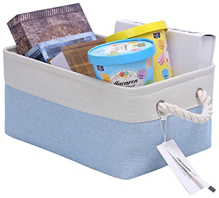CREADARD Fabric Storage Basket, Foldable Linen Storage Box for Nursery and Home, Collapsible Canvas Shelf Basket for Wardrobe or Bedroom, Blue and White