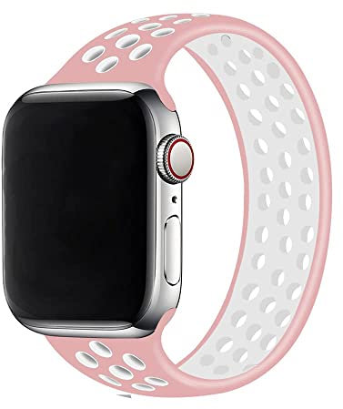 Silicone Solo Loop Strap Compatible with Apple Watch Straps 38mm 40mm 41mm 42mm 44mm 45mm, Breathable Elastic Sport Band for iWatch Series 8 7 6 5 4 3 2 SE, Pink white 38/40/41MM-S