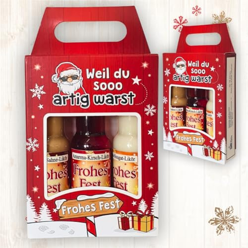 3er Box Weihnachtsliköre - Weil du so artig warst - Nuss Nougat Amarena Kirsch Schoko Sahne Likör | Geschenk zu Weihnachten in schöner Geschenkverpackung