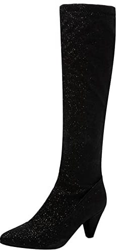 Botas Mujer Tacón Embudo A Media Pantorrilla, Botas de Fiesta Tacón Alto Puntiagudo Boots Zip 049 Negro Talla 35 EU