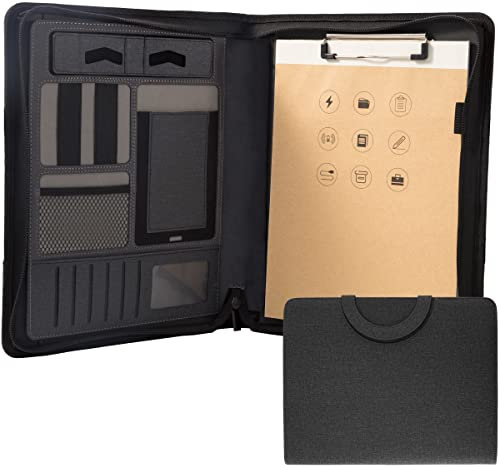 Cartella portadocumenti con cerniera, per conferenze, riunioni, documenti legali, con tasche, blocco note, per uomini e donne (non calcolatrice, grigio scuro)