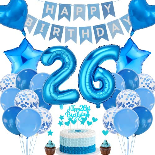 Cnrose 26. Geburtstag Dekoration - Blau Tortendeko für Mann und Frau, Party Deko, Geburtstagsdeko für 26 Jahre