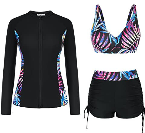 Women's Long Sleeve UV Sun Protection 3 Piece Rash Guard Side Adjustable Wetsuit Swimsuit Top with Boyshort