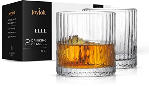 JoyJolt Elle 10oz Double Old Fashioned Whiskey Glasses - Set of 2, Lead-Free Glassware, Dishwasher Safe, Vintage Style Drinking Glasses