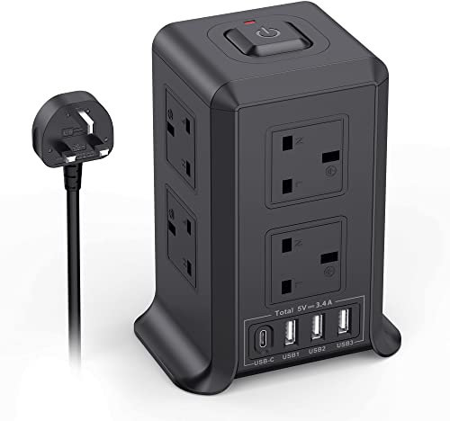 Tower Extension Leads with 4 USB Slots, 5M Extension Lead with 8 Way Plug Extension Tower, Surge Protected Extension Lead with Switch,Multi Socket Extension Cord for Home, Office