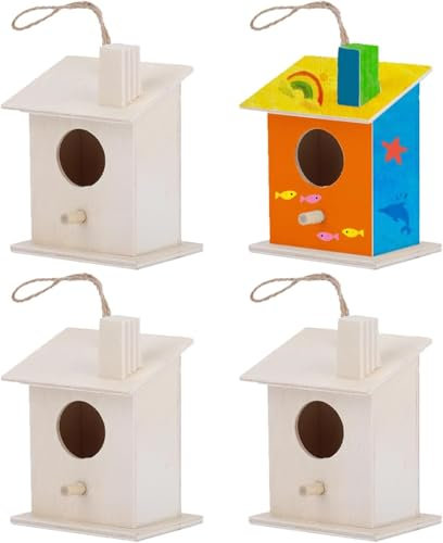 4 Piezas de Casa de Pájaros de Madera, Cabaña de Pájaros Colgantes, Casas de Pájaros Naturales Sin Terminar para Exteriores con Poste para Decoración de Jardín Y Patio