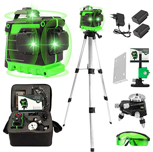 Nivel Láser Autonivelante Verde,12 Líneas con Trípode 1,2m 3D Nivelador Láser Recargable, Nivel Láser Verde Cruzada 3x360 Horizontales Verticales Autonivelantes (12 líneas con Trípode)