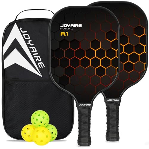 JOYAIRE Juego de 2 palas de pickleball, juego de pickleball de fibra de vidrio, raquetas ligeras con núcleo de panal de abeja, 2 unidades, paleta de pepinillo con 4 bolas de pickleball y bolsa para
