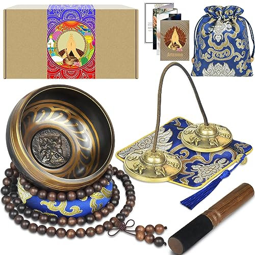 Artcome Tibetisches Meditationsset – Klangschale und Tingsha-Becken, Handgefertigt in Nepal, für Meditation, Yoga, Ruhe, Entspannung, Chakra-Heilung, Stressabbau und Achtsamkeit
