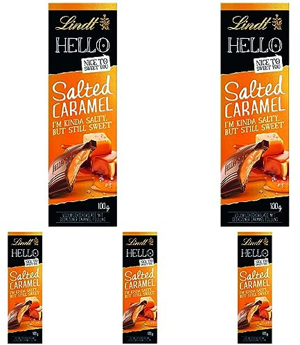Lindt Schokolade HELLO Salted Caramel | 100 g Tafel | Vollmilch-Schokolade mit gesalzener Karamell-Füllung | Schokoladentafel | Schokoladengeschenk (Packung mit 5)