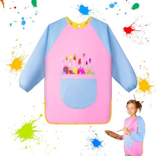 OSDUE Kids Paint Apron, Kids Art Smock Toddler Smocks, Long Sleeve Toddler Play Aprons with Pockets, Waterproof Painting Smock for Cooking, Eating, Arts & Crafts Paint Apron for Children Age 7-12
