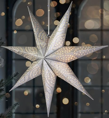 BRUBAKER 60 cm Papier Weihnachtsstern zum Aufhängen - LED Adventsstern für Weihnachtsdeko und Fenster - 3D Papierstern mit Timer-Funktion - Hängender Leuchtstern - Silber