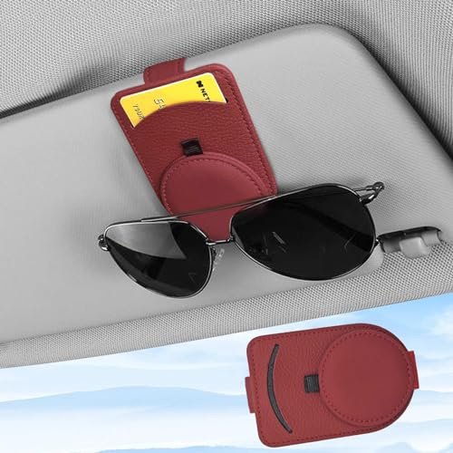 upbeat Brillenhalter für Auto Sonnenblende, 4 Farbe Magnetischer Leder | Sonnenbrillenhalter Auto Brillenhalterung Auto Sonnenblende Organizer Karten Clip Zubehör (Rot, 1 Stück)