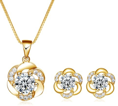 Josfeva Schmuckset Silber 925, Silber Schmuck Set für Damen, Blumen Halskette & Ohrstecker Set mit Weiß Zirkonia, Gold Halskette mit Blumen Anhänger & Ohrstecker mit Geschenkbox zum Geburtstag