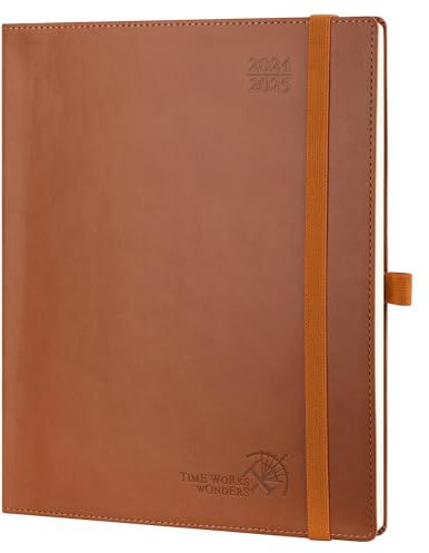 POPRUN Kalender 2025 Wochenplaner (Aug.2024-Dez.2025) Softcover mit PU-Leder, ca. A4 (26,5 x 21,5 cm), 17-Monate-Terminplaner 2025 1 Woche 2 Seite mit Zertifiziertem Papier - Braun