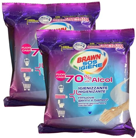 Salviette Detergenti Igienizzanti Superfici, SOS IGIENE, 70% vol.Alcol, Rimuove Germi e Batteri, Tessuto Biodisgregante (Confezione Da 16 Panni) (2 Confezioni)