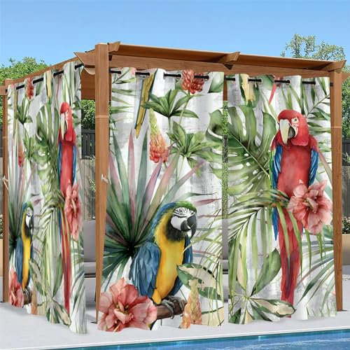 Linfye Rideaux D'extérieur Imperméable, Rouge Rideau Exterieur Impermeable Perroquet végétal Rideau pour Pergola Terrasse Cabane Tonnelle Jardin, Rideaux Occultant Thermiques 2 Pièces 132 x 213 cm