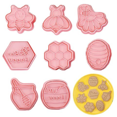 Whrcy Presse tampons à biscuits, ensemble d'emporte-pièces abeille, Ensemble de tampons pour moules à biscuits et abeilles, 8 pièces, Moule à biscuits amusant sur le thème du festival des abeilles,