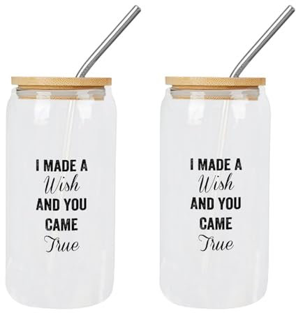 Yelolyio Lot de 2 jolis gobelets en verre avec couvercles et pailles « I Made A Wish and You Came True » - Cadeau d'anniversaire pour maman, mojito, soda, whisky