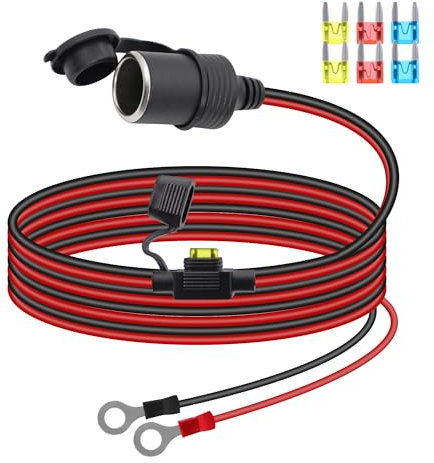RIIEYOCA 12V/24V Enchufe del encendedor de cigarrillos Cable de Extensión, Enchufe del encendedor de cigarrillos del coche hembra a O Ring Terminal de cable con cubierta impermeable y 20A Fuse(3M)