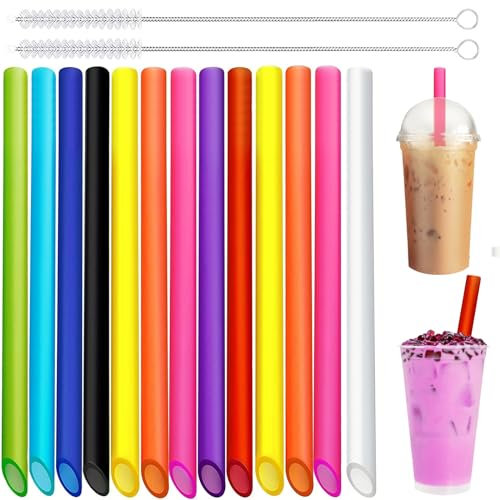 XINGXINLIAN Lot de 20 Pailles Réutilisables avec 2 Brosse de Nettoyage, Paille Bubble Tea, Grosse Paille, Extra Larges 10mm Design Pointu, pour Smoothie, Thé à Bulles, Milk-shake, Jus, 21 * 0,6CM