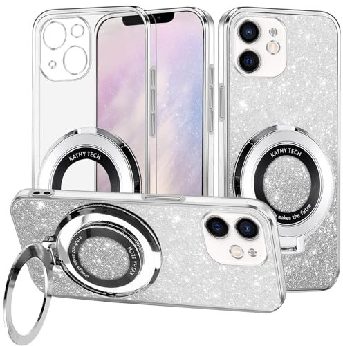 Yarxiawin Kompatibel für Apple iPhone 12 mini Hülle Silikon Transparent Glitzer Magnetisch Aesthetic, Kompatibel mit Magsafe Handyhülle iPhone 12 mini mit Ständer Schutzhülle (Silbrig)