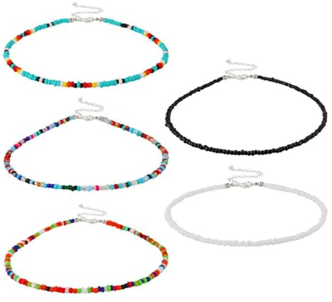 JEXOWIQ 5 pcs perlenkette damen,Bunte Perlen Ketten Boho Strand Perlen Halsketten Armbänder,bunte perlenkette,für Damen Mädchen Schmuck