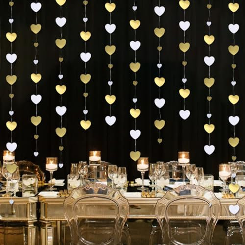 52Ft Weiß Gold Herz Girlande, 4 Stück 4m Herz Girlande Hochzeit Weiß Gold, Herzgirlanden für Hochzeit Verlobung Jahrestag Valentinstag Geburtstage Dekoration