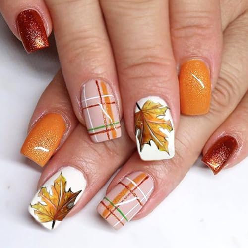 Kabwea Lot de 24 faux ongles à presser carrés moyens à coller pour Thanksgiving Automne