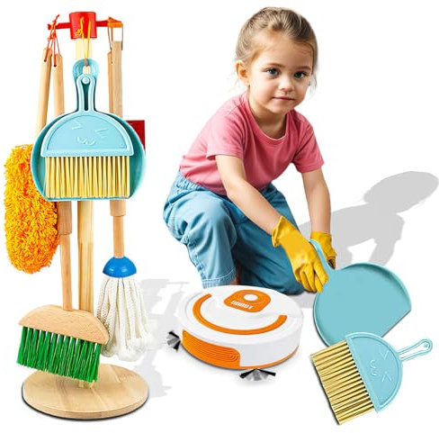 Xwin Sportseries 8PCS Wooden Kids Cleaning Set & Simulation Pretend Vacuum Toy - Role Play Housekeeping Tools for Children - Educational Wooden Broom and Mop and accessories Set for Learning Play