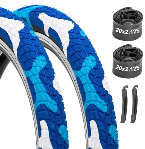 Fahrradreifen 20x2.125 2er Pack mit Schläuchen & Hebeln - Kompatibel mit Kinderfahrrad, BMX, MTB, Mountainbike - Camo Blue Design, Dicker Gummi, Pannenschutz, Ersatzreifen & Innenschläuche