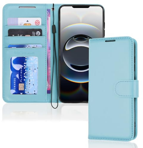 TECHGEAR iPhone 16e Leather Wallet Case, Protective Flip Case Cover [RFID BLOCKING] Wallet Card Holder, Stand & Wrist Strap - Light Blue PU Leather with Magnetic Closure for iPhone 16e 2025