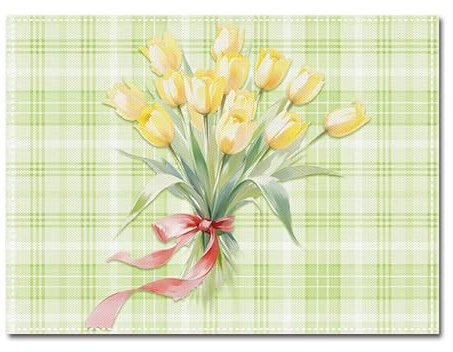 Tovagliette Americane Lavabili Fiori Verdi Gialli Tovagliette Colazione Cena Pranzo Sottopiatti Lino Resistenti al Calore Antiscivolo Tovaglietta Colazione Set di 8(45x30cm)