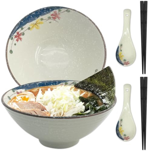 CIGAA Ramen Schüssel Set - 2 x 1200ml Ramen Bowl | Ramenschüssel aus Keramik | Japanische Suppenschüssel mit Essstäbchen und Löffeln | Mikrowelle & Spülmaschinenfest