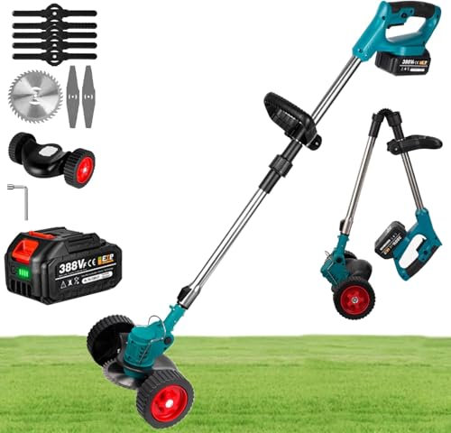 Desbrozadora Bateria, 21V Desbrozadora Electrica con 4000mAh Batería, con Rodillos, 5 Cuchillas de Plástico, 2 Cuchillas de Metal y Hoja de Sierra (Azul con 1 Batería)