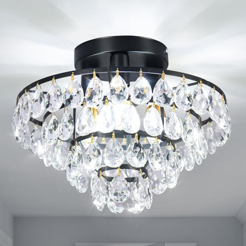 FRIXCHUR Schwarze K9 Kristall Semi-Flush Deckenleuchte, 3x E14, Modern | K9-Kristall im modernen Industrie-Stil für Schlafzimmer, Küche und Balkon; schwarze halbflächenbündige Deckenlampe