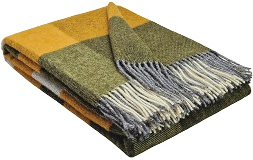 STTS International Wolldecke 100% Schurwolle Wohndecke in versch. Farben Tagesdecke Schurwolldecke Plaid 140 x 200 cm Tirol (Senf-Olive-Weiß (Quadrate))