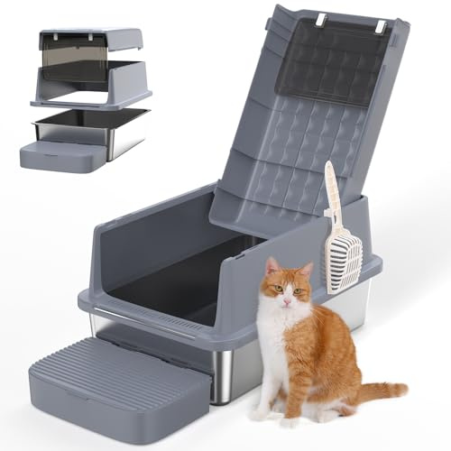 Rywell Arenero Gato Acero Inoxidable XXL, Tapa 120° para una Limpieza Fácil | Fácil de Limpiar; Control de Olores; Diseño 3 en 1; Antifugas; Antiadherente; De Paredes Altas; Con Tapa; 60x40x37.7cm