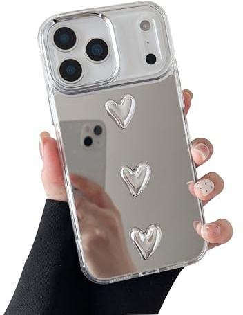 ZTOFERA Hülle für iPhone 17 Pro, Nette Silber 3D Liebe Herz Transparent Makeup Spiegel Hülle, Flexible stoßfeste Anti-Kratz Schutzhülle - 3 Herzen