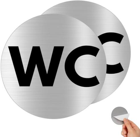 Señal Autoadhesiva de Aluminio WC Mixto Ø100 mm – Placa Redonda 0,8 mm – Pack 2 – Cartel Aseo Compartido para Baños, Aseos y Zonas Comunes