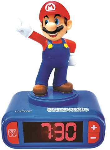 Lexibook, Super Mario, Nachtlicht-Wecker, RL800NILXB | Klänge und Melodien, LCD-Display mit Hintergrundbeleuchtung, Leuchtend, Schlummerfunktion, Rot/Blau