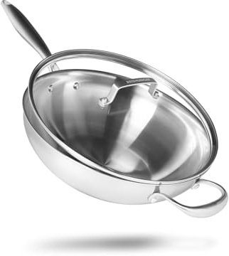 Reishunger Edelstahl Wok unbeschichtet – 30 cm Durchmesser | Mit ofenfestem Deckel – Für alle Herdtypen geeignet